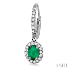 5x3 MM Oval Cut Emerald and 1/4 Ctw Round Cut Diamond Earrings in 14K White Gold