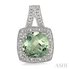 8x8 MM Cushion Shape Green Amethyst and 1/20 ctw Single Cut Diamond Earrings in Sterling Silver