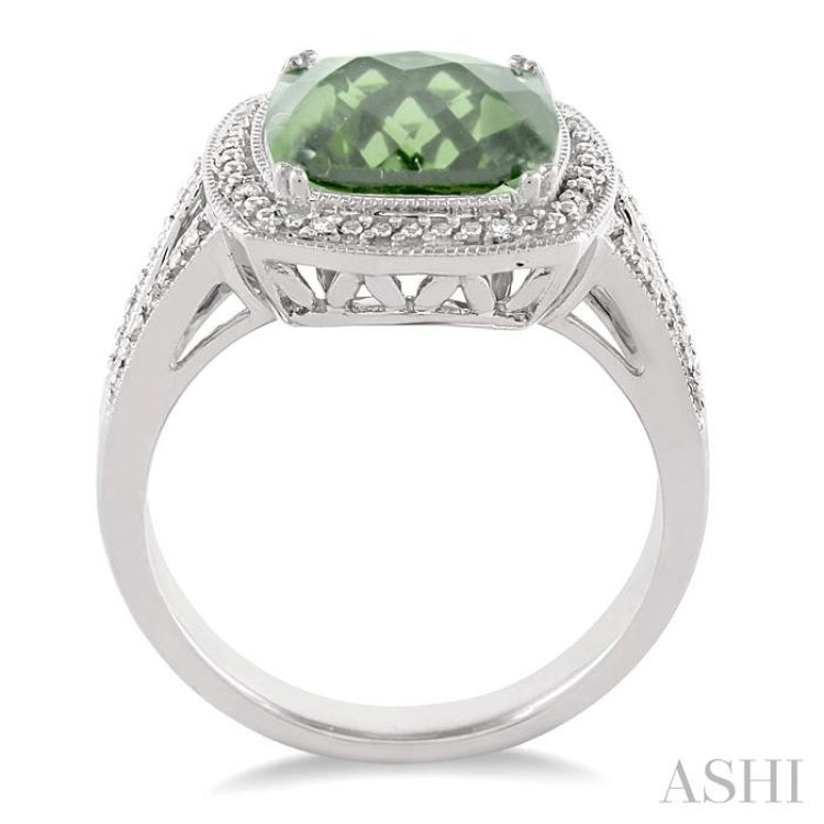 10x10 MM Cushion Shape Green Amethyst and 1/20 Ctw Single Cut Diamond Ring in Sterling Silver