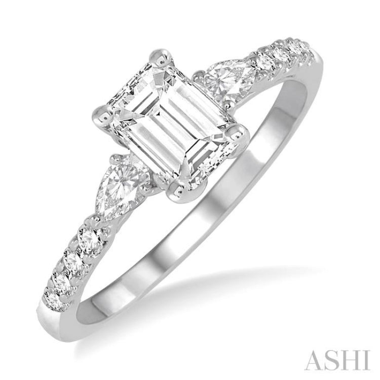 3/8 Ctw Emerald Shape Pear & Round Cut Diamond Semi-Mount Engagement Ring in 14K White Gold