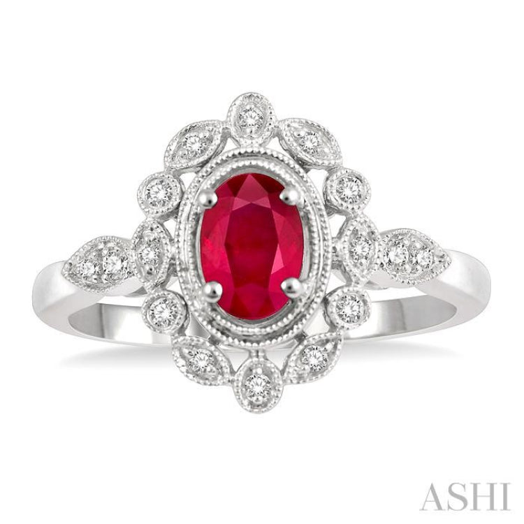 6x4 MM Oval Cut Ruby and 1/8 Ctw Lattice Reverse Taper Shank Round Cut Diamond Precious Ring in 10K White Gold