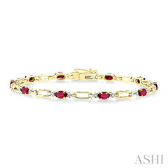 5x3 MM Oval Cut Ruby and 1/10 Ctw Round Cut Diamond Precious Bracelet in 10K Yellow Gold