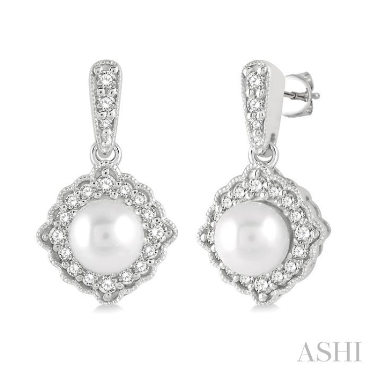 6 MM Cultured Pearl and 1/4 Ctw Round Cut Diamond Halo Earrings in 10K White Gold