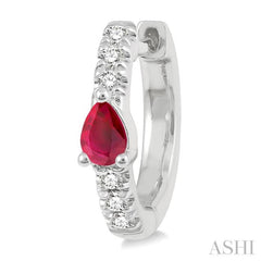 4X3 MM Pear Cut Ruby and 1/10 Ctw Round Cut Diamond Petite Huggie Earrings in 10K White Gold