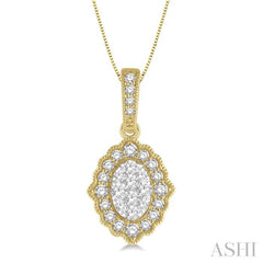 1/4 Ctw Lattice Edge Oval Shape Lovebright Round Cut Diamond Pendant With Chain in 14K Yellow and White Gold