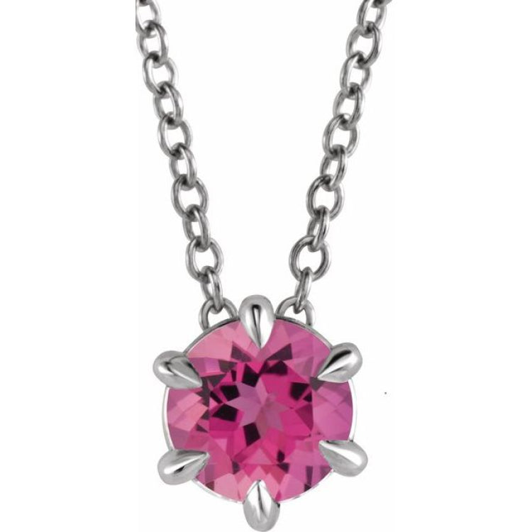 14K White 6 mm Natural Pink Tourmaline Solitaire 16-18" Necklace