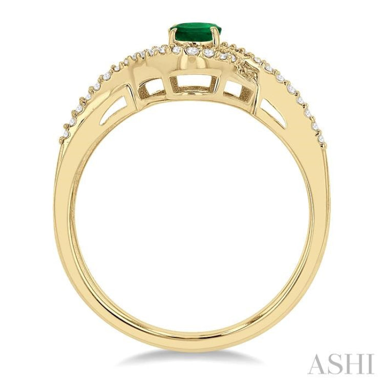 6x4 MM Oval Cut Emerald and 1/6 Ctw Split Criss-Cross Bypass Shank Round Cut Diamond Precious Ring with Center Stone in 10K Yellow Gold