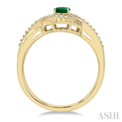 6x4 MM Oval Cut Emerald and 1/6 Ctw Split Criss-Cross Bypass Shank Round Cut Diamond Precious Ring with Center Stone in 10K Yellow Gold