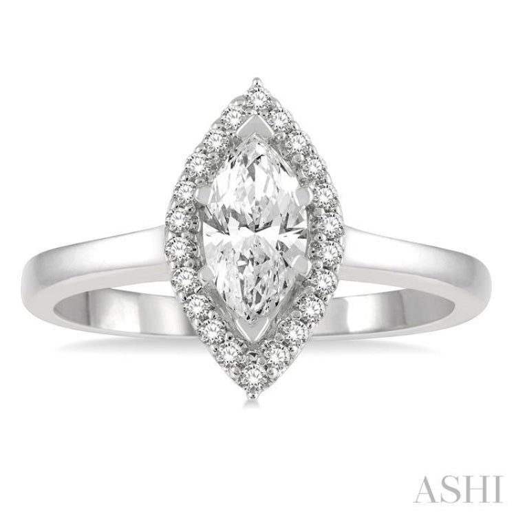 5/8 ctw Round Cut Diamond Engagement Ring With 1/2 ct Marquise Cut Center Stone in 14K White Gold