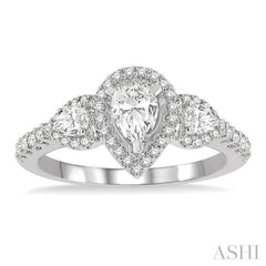 1 Ctw Past Present and Future Round Cut Diamond Engagement Ring With 3/8 Ct Pear Cut Center Stone in 14K White Gold