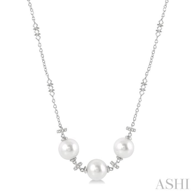 8 MM Triple Cultured Pearls and 1/5 Ctw Round Cut Diamond Circular Mount Necklace in 14K White Gold