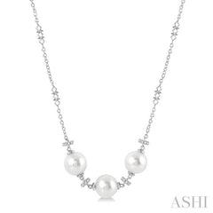 8 MM Triple Cultured Pearls and 1/5 Ctw Round Cut Diamond Circular Mount Necklace in 14K White Gold