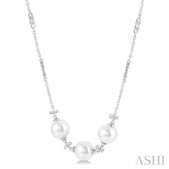 8 MM Triple Cultured Pearls and 1/5 Ctw Round Cut Diamond Circular Mount Necklace in 14K White Gold