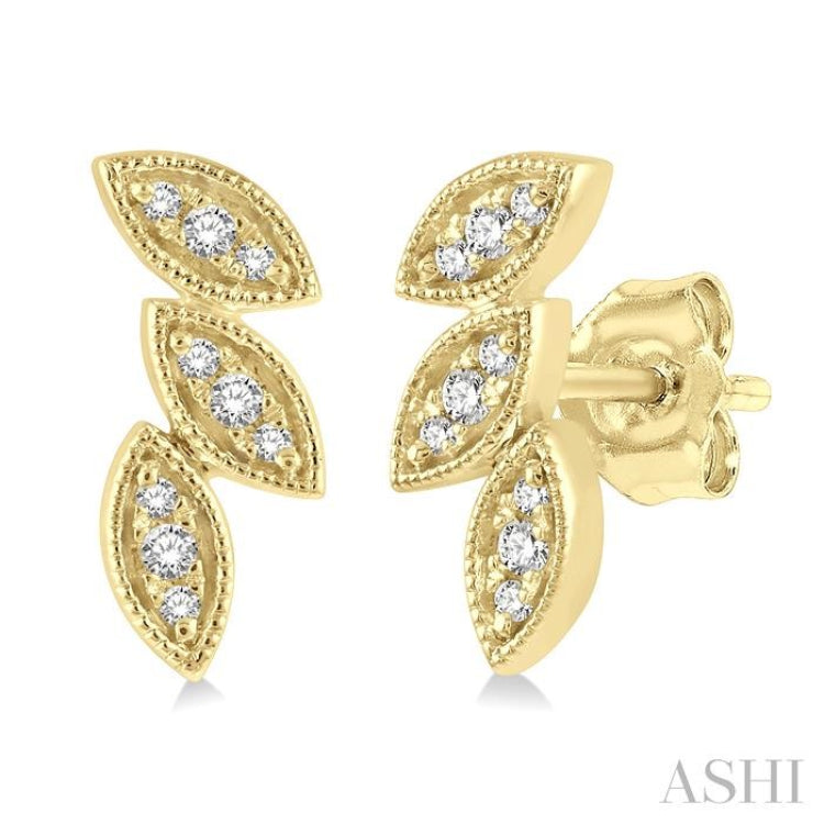 1/10 Ctw Tri Leaf Round Cut Diamond Petite Earrings in 10K Yellow Gold