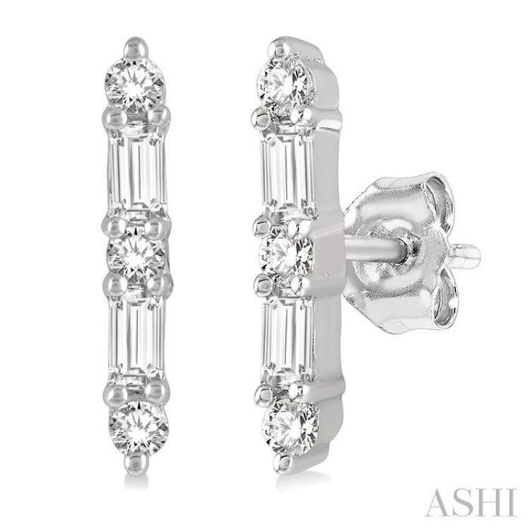 1/6 Ctw Solid Bar Baguette and Round Cut Diamond Petite Earrings in 10K White Gold