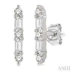 1/6 Ctw Solid Bar Baguette and Round Cut Diamond Petite Earrings in 10K White Gold