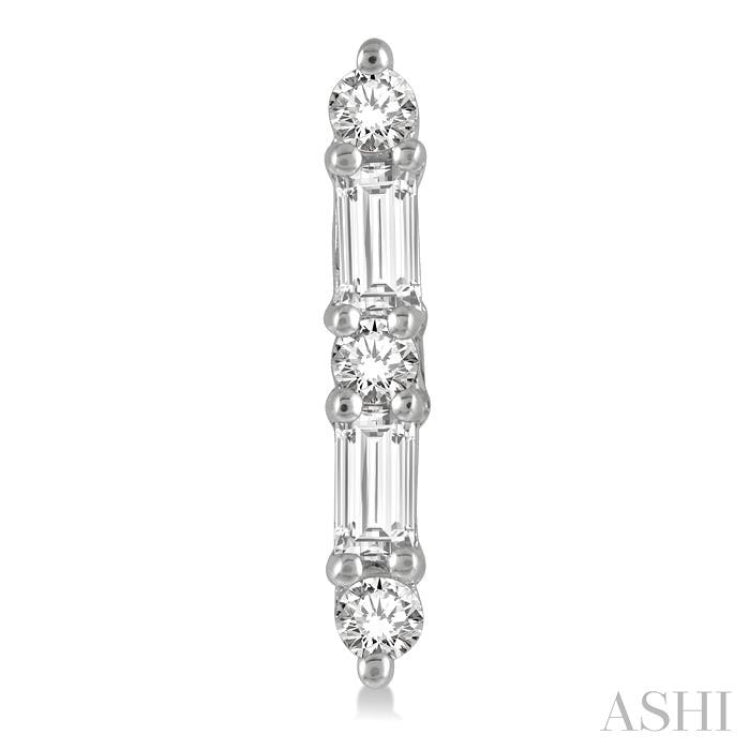 1/6 Ctw Solid Bar Baguette and Round Cut Diamond Petite Earrings in 10K White Gold