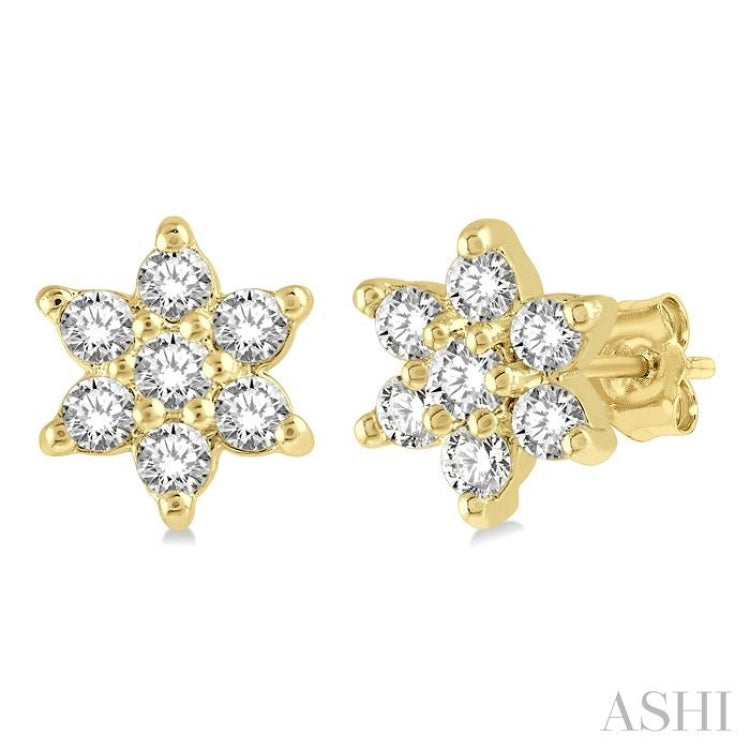1/6 Ctw Floral Round Cut Diamond Petite Fashion Earrings in 10K Yellow Gold