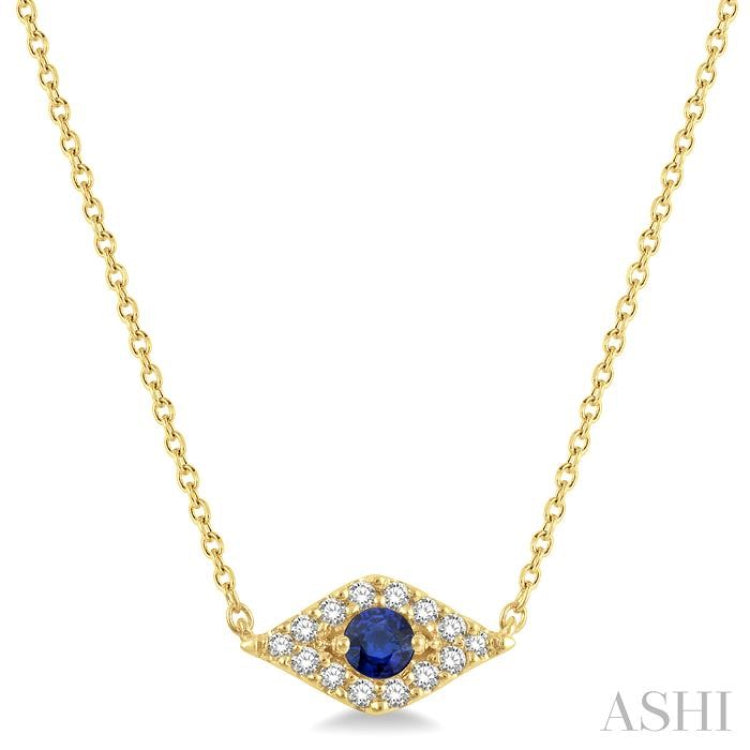 2.60 MM Round Cut Sapphire and 1/10 Ctw Evil Eye Round Cut Diamond Precious Petite Fashion Pendant in 10K Yellow Gold