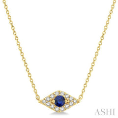 2.60 MM Round Cut Sapphire and 1/10 Ctw Evil Eye Round Cut Diamond Precious Petite Fashion Pendant in 10K Yellow Gold