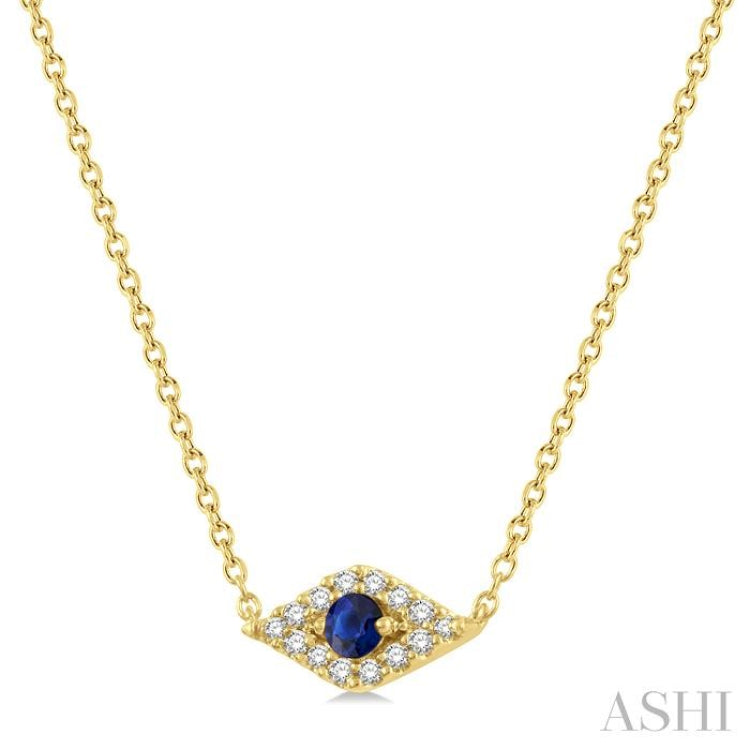 2.60 MM Round Cut Sapphire and 1/10 Ctw Evil Eye Round Cut Diamond Precious Petite Fashion Pendant in 10K Yellow Gold
