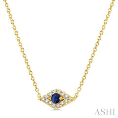 2.60 MM Round Cut Sapphire and 1/10 Ctw Evil Eye Round Cut Diamond Precious Petite Fashion Pendant in 10K Yellow Gold