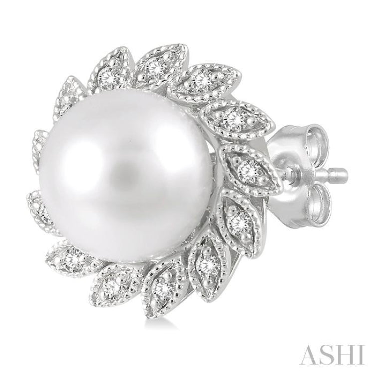 6x6 MM Round Shape Cultured Pearls and 1/10 Ctw Sunflower Round Cut Diamond Earrings in 10K White Gold