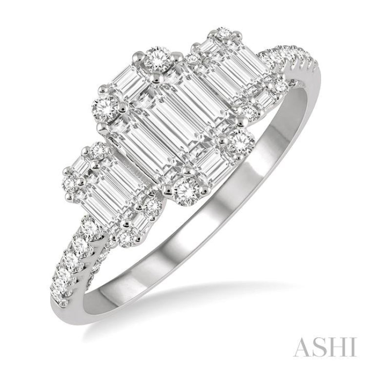 7/8 Ctw Tri-Mount Fusion Baguette and Round Cut Diamond Engagement Ring in 14K White Gold