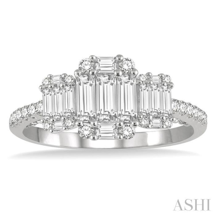 7/8 Ctw Tri-Mount Fusion Baguette and Round Cut Diamond Engagement Ring in 14K White Gold