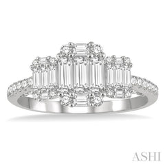 7/8 Ctw Tri-Mount Fusion Baguette and Round Cut Diamond Engagement Ring in 14K White Gold