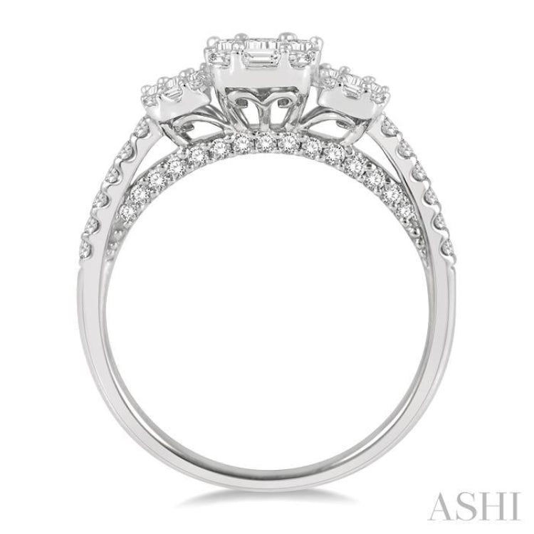 7/8 Ctw Tri-Mount Fusion Baguette and Round Cut Diamond Engagement Ring in 14K White Gold