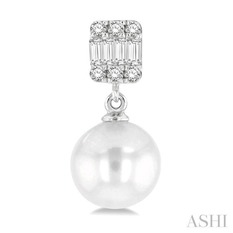 6 MM Cultured Pearls and 1/10 Ctw Baguette and Single Cut Diamond Earrings in 14K White Gold