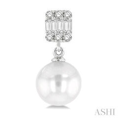6 MM Cultured Pearls and 1/10 Ctw Baguette and Single Cut Diamond Earrings in 14K White Gold