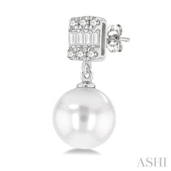 6 MM Cultured Pearls and 1/10 Ctw Baguette and Round Cut Diamond Earrings in 14K White Gold