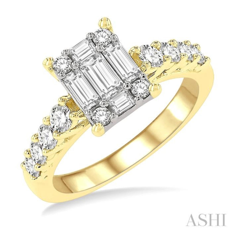 1 Ctw Fusion Baguette and Round Cut Diamond Engagement Ring in 14K Yellow and White gold