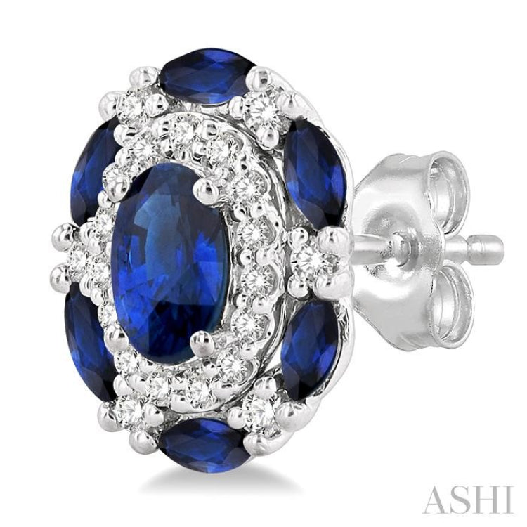 5x3 MM Oval Cut and 3X1.5 MM Marquise Cut Sapphire and 1/5 Ctw Round Cut Diamond Precious Earrings in 14K White Gold