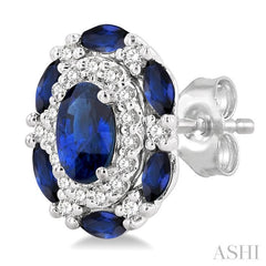 5x3 MM Oval Cut and 3X1.5 MM Marquise Cut Sapphire and 1/5 Ctw Round Cut Diamond Precious Earrings in 14K White Gold