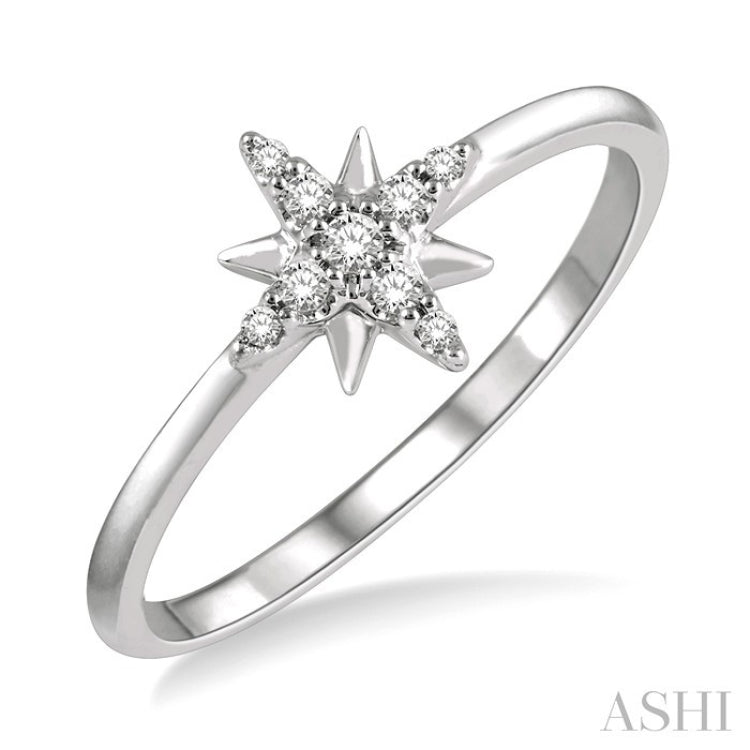 1/10 Ctw Star Center Round Cut Diamond Petite Fashion Ring in 10K White Gold