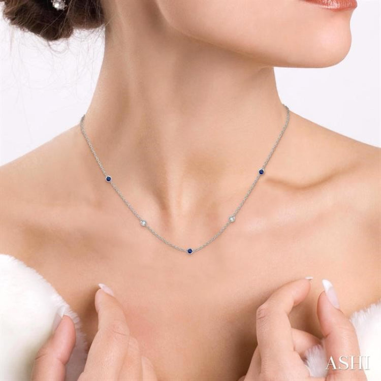 2.6 MM Sapphire and 3/8 Ctw Round Cut Diamond Precious Station Necklace in 14K White Gold