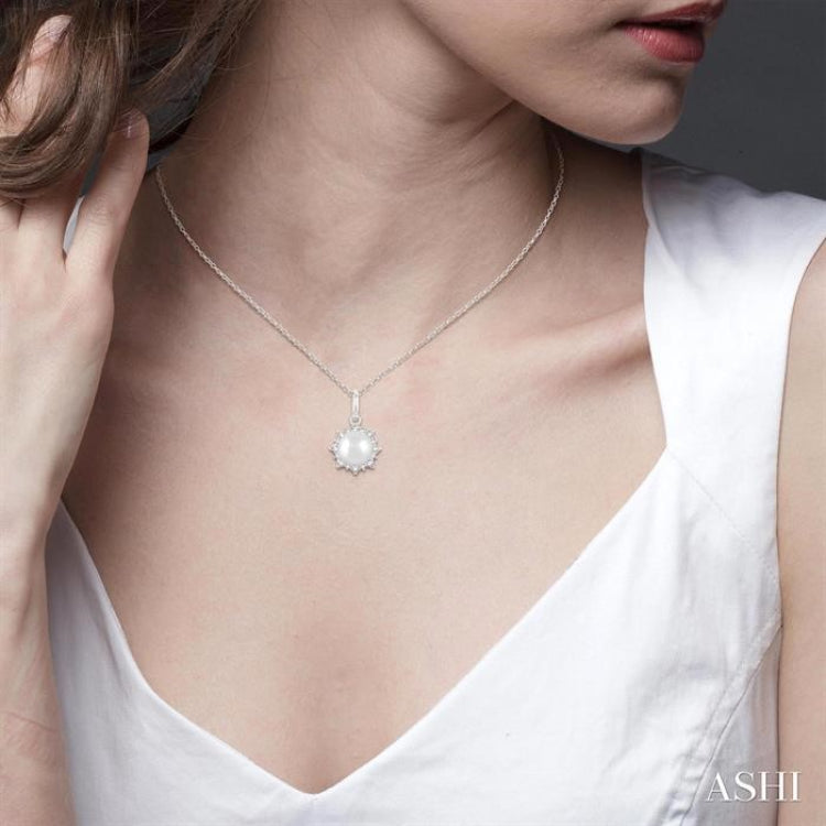 6 MM Round Shape Cultured Pearl and 1/10 Ctw Petite Sun Round Cut Diamond Fashion Pendant With Chain in 10K White Gold