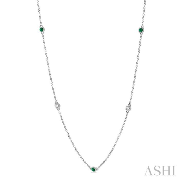 2.6 MM Emerald and 3/8 Ctw Round Cut Diamond Precious Station Necklace in 14K White Gold