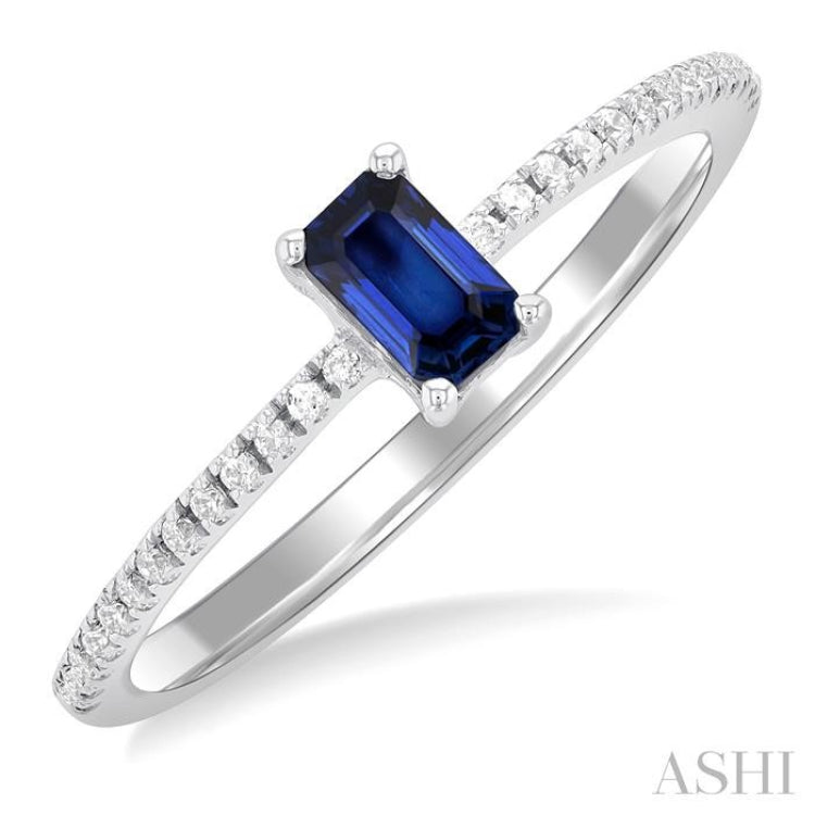 5x3 MM Emerald Shape Sapphire and 1/10 Ctw Petite Round Cut Diamond Precious Fashion Ring in 10K White Gold