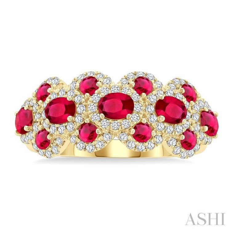 4X3 MM Oval Shape & 2.2 MM and 1/2 Ctw Round Cut Ruby and Round Cut Diamond Scalloped Edge Precious Ring in 14K Yellow Gold