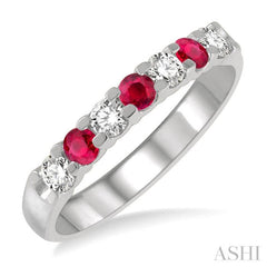 3 MM Ruby and 3/8 Ctw Round Cut Diamond Precious Wedding Band in 14K White Gold