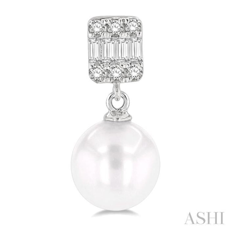 6 MM Cultured Pearls and 1/10 Ctw Baguette and Round Cut Diamond Earrings in 10K White Gold