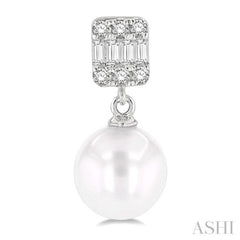 6 MM Cultured Pearls and 1/10 Ctw Baguette and Single Cut Diamond Earrings in 10K White Gold