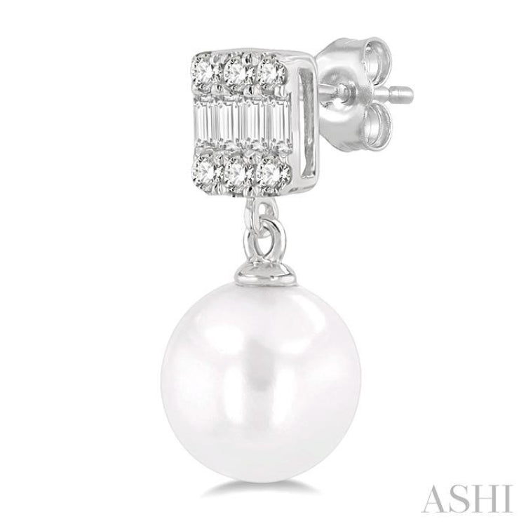 6 MM Cultured Pearls and 1/10 Ctw Baguette and Single Cut Diamond Earrings in 10K White Gold