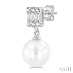 6 MM Cultured Pearls and 1/10 Ctw Baguette and Round Cut Diamond Earrings in 10K White Gold