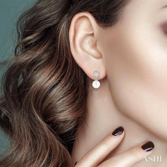 6 MM Cultured Pearls and 1/10 Ctw Baguette and Single Cut Diamond Earrings in 10K White Gold