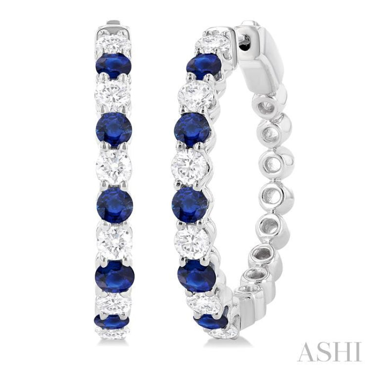 2.7 MM Round Cut Sapphire and 7/8 Ctw Round Cut Diamond Precious Hoop Earring in 14K White Gold